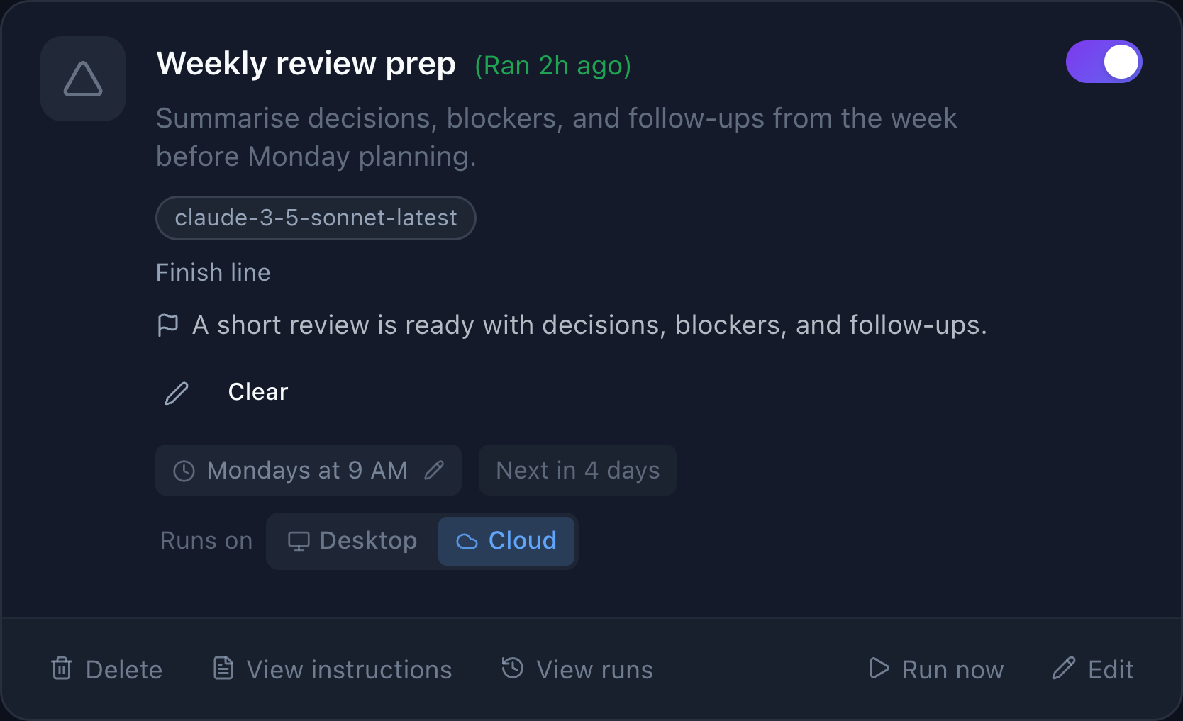 A Rebel automation card for a weekly review that runs on schedule and can be paused anytime.